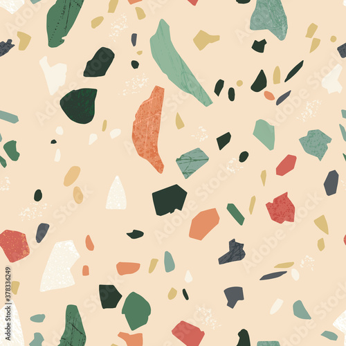 Trendy vector terrazzo abstract background for prints, textile, home decore, wallpaper, tile, flooring. Seakless pattern in italian or venetian classic style