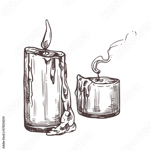 Two drawing vector isolated candles with fire and extinguished with smoke. Sketch illustration for funeral business design or condolence card