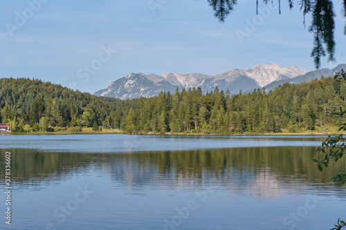 View of Lautersee and Alp mountains in Mittenwald, Bavaria, Germany