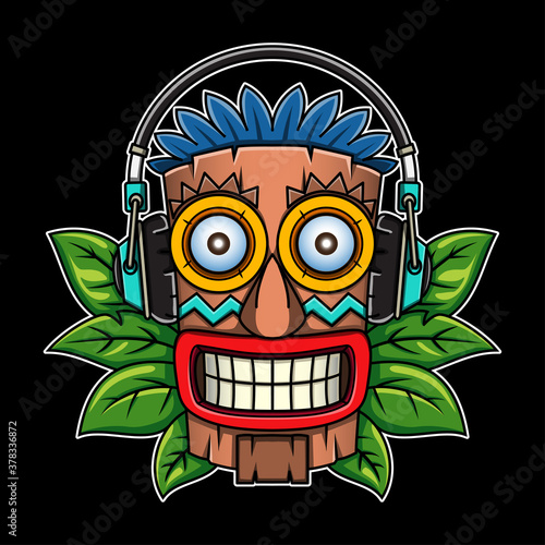 Headphone tiki mask cartoon illustration