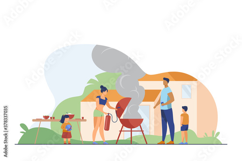 Mother holding fire extinguisher extinguishing burnt barbecue. Smoke, BBQ, backyard flat vector illustration. Family and weekend concept for banner, website design or landing web page