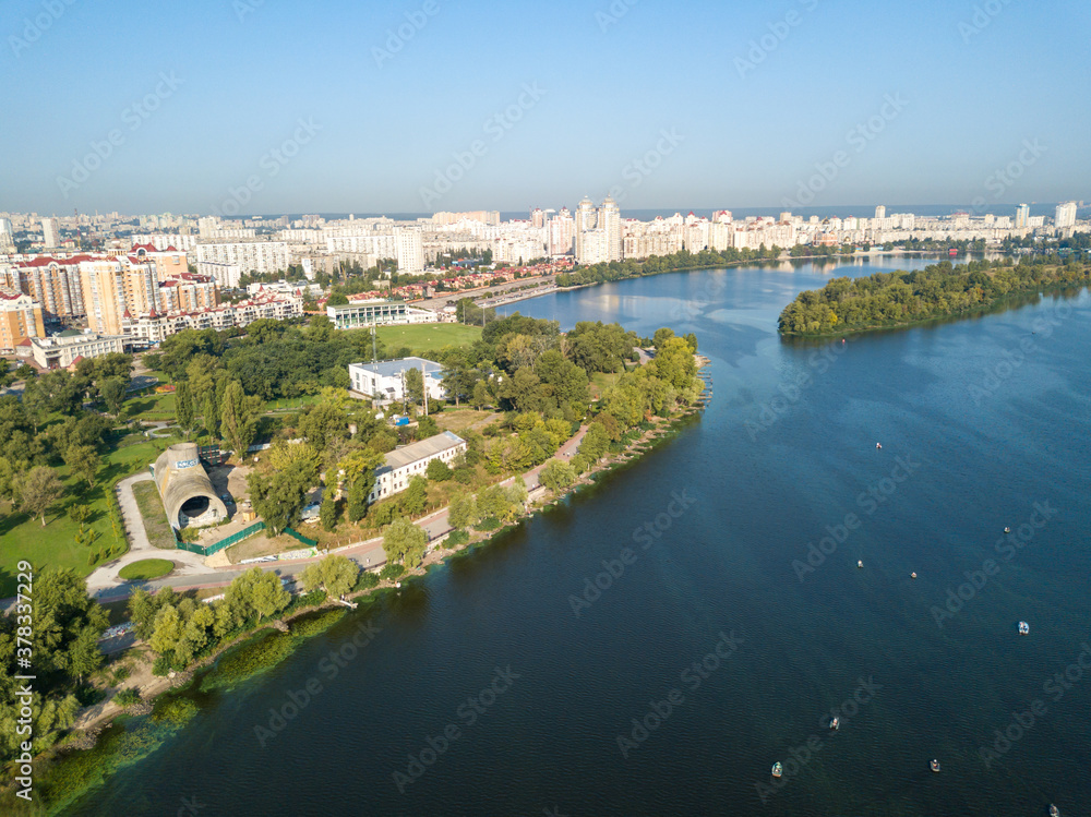 Aerial drone view. Dnieper River in Kiev.