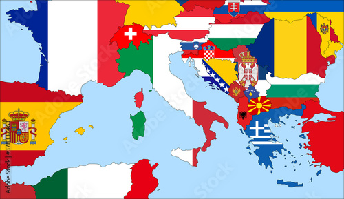 Center the map of Italy. Vector maps showing Italy and neighboring countries. Flags are indicated on the country maps, the most recent detailed drawing.
