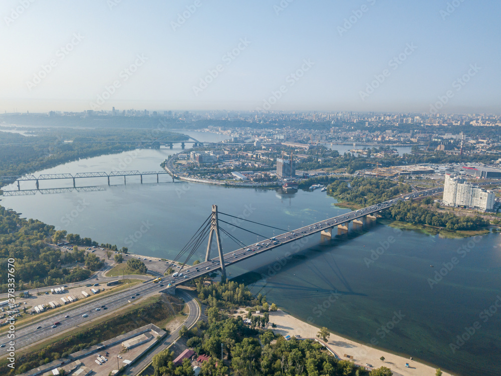 Naklejka premium North bridge over the Dnieper river in Kiev. Aerial drone view.