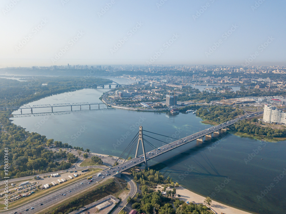 Naklejka premium North bridge over the Dnieper river in Kiev. Aerial drone view.