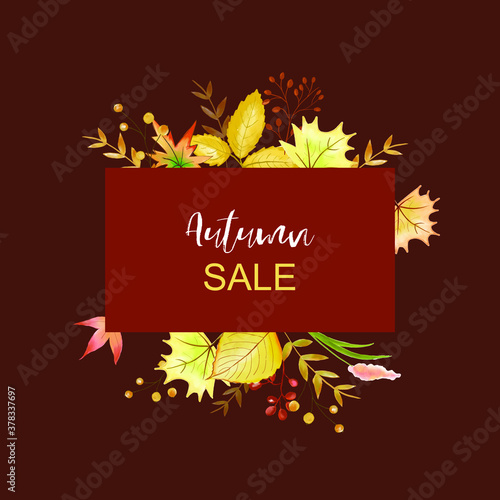 Autumn sale banner vector in maroon background with watercolor fall leaves.
