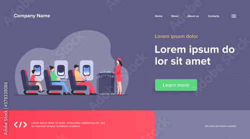 Air trip with comfort flat vector illustration. Passengers waiting for airline meal. People travelling by plane and sitting near airplane window. Airline, tourism and journey concept.