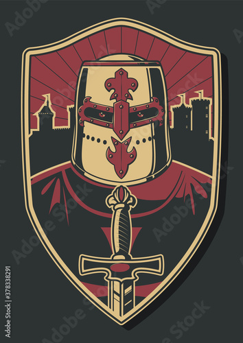 Knight's Helmet, Medieval Crusader Poster, Castle, Shield Shape Original Illustration 