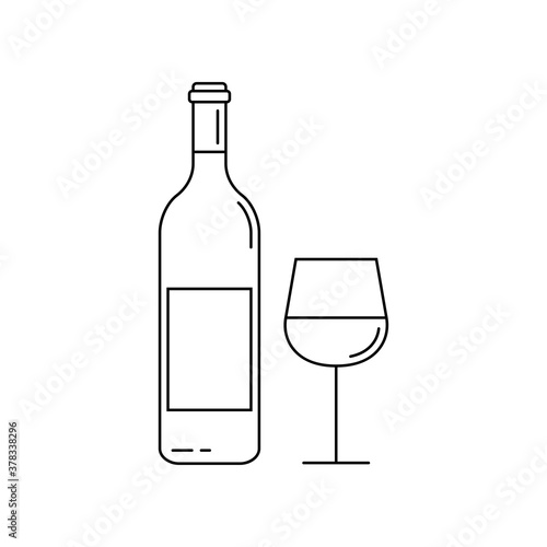 Wine bottle with wine glass line icon. Outline silhouette. Vector illustration.