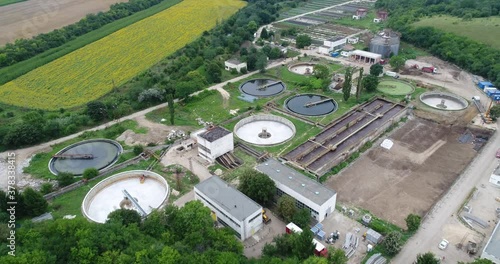 4k aerial footage of wastewater treatment plant.  Cleaning construction for a sewage treatment photo