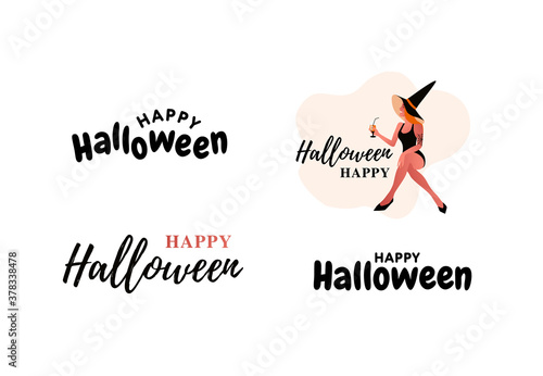 Happy halloween type set. Halloween party. Sexy women having fun. Witches wearing black hats and sexy lingerie. vector illustration. 