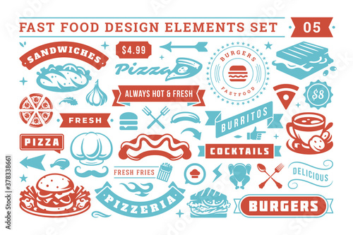 Fotografia Fast food and street signs and symbols with retro typographic design elements ve