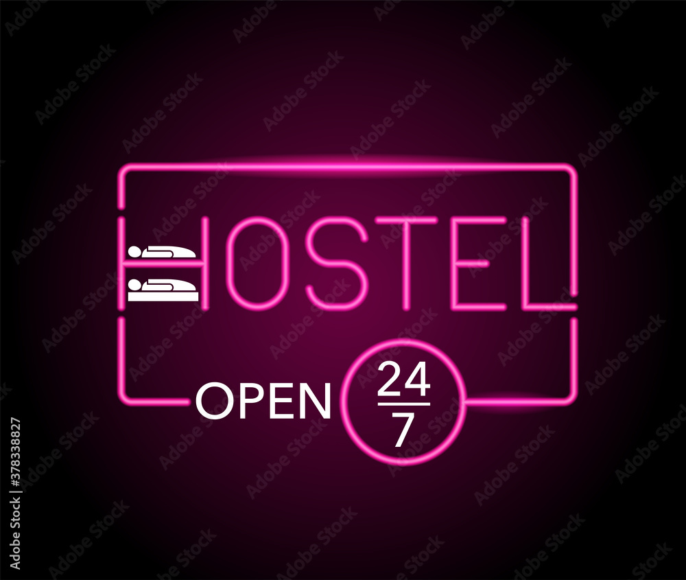Hostel neon light sign open 24-7 (around the clock) with H letter in form of double sleeping bed - hotel booking logo Hostel neon light sign open 24-7 (around the clock) with H letter in form of double sleeping bed - hotel booking logo