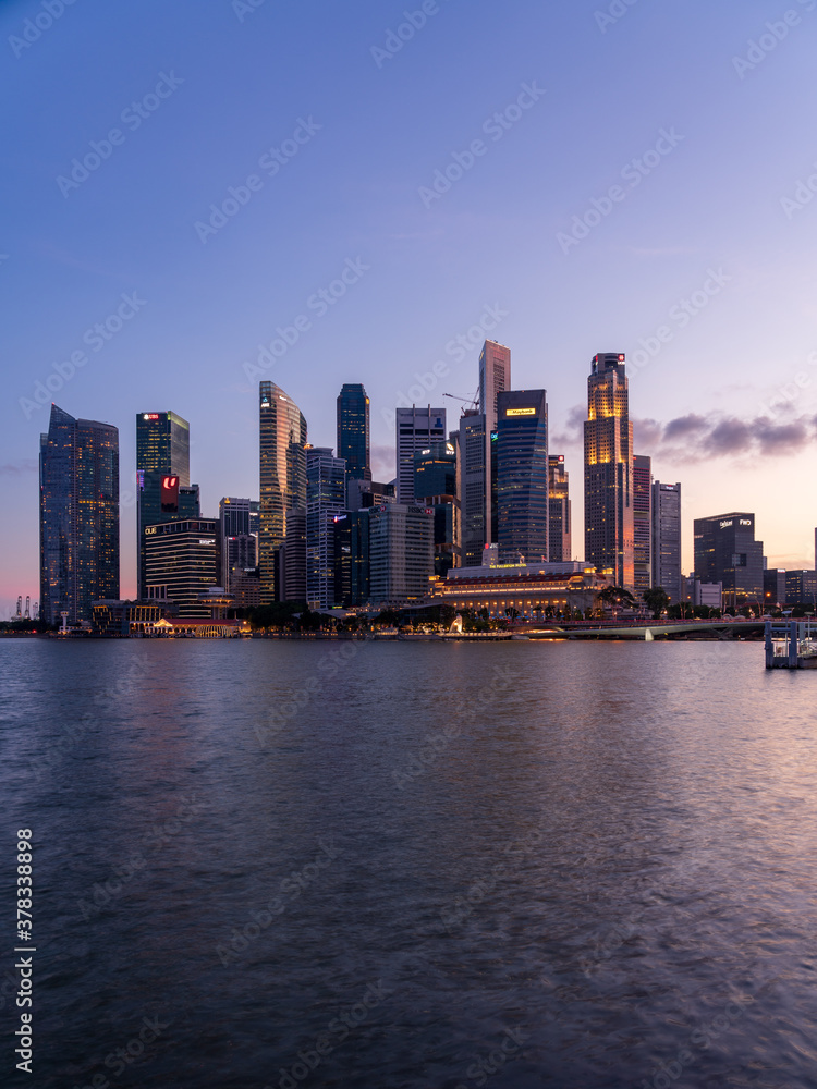 Vertical image of Singapore cityscape at magic hour.