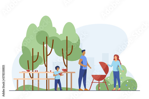 Father cooking barbecue on picnic. Park, nature, food flat vector illustration. Family and weekend concept for banner, website design or landing web page