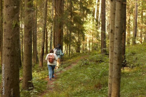 Rear view of two women walking along the forest they exercising with sticks during training
