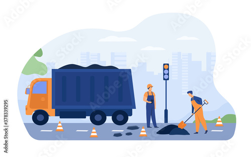 Road workers spreading asphalt on street, repairing highway, working near heavy car. Vector illustration for labor, city maintenance, engineering concept