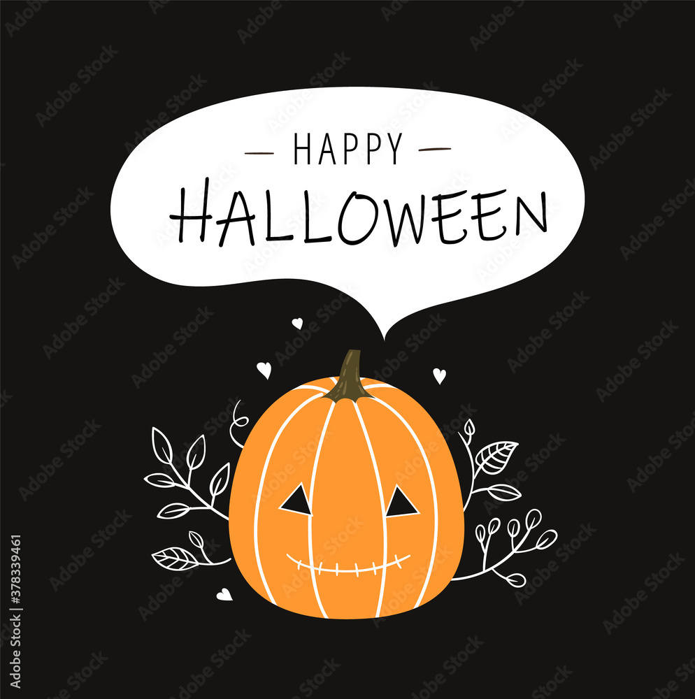 Happy Halloween. Orange scary pumpkin with text and leaves on black background vector illustration Happy Halloween. Orange scary pumpkin with text and leaves on black background vector illustration
