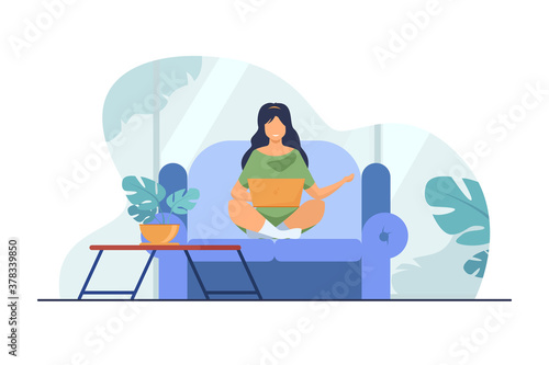 Woman sitting on sofa with laptop computer and smiling. Online, isolation, study flat vector illustration. Freelance and digital technology concept for banner, website design or landing web page photo