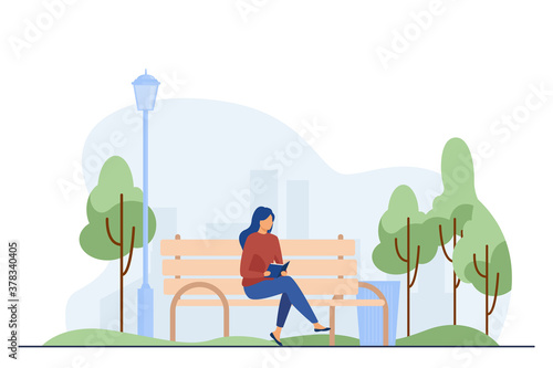 Woman sitting on bench and reading book. Park, city, relaxation flat vector illustration. Weekend and nature concept for banner, website design or landing web page