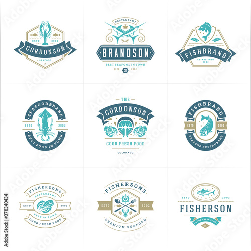 Seafood logos or signs set vector illustration fish market and restaurant emblems templates design