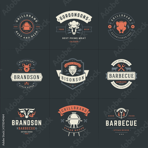 Grill and barbecue logos set vector illustration steak house or restaurant menu badges with bbq food silhouettes