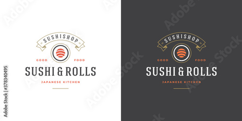 Sushi logo and badge japanese food restaurant with sushi salmon roll asian kitchen silhouette vector illustration