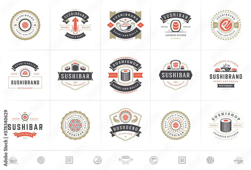 Sushi restaurant logos and badges set japanese food with sushi salmon rolls silhouettes vector illustration