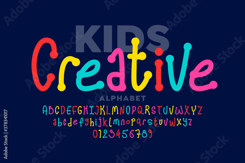 Hand drawn style kids font, creative alphabet letters and numbers vector illustration