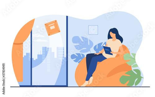 Woman relaxing at home while robot washing window. Female character sitting in armchair while machine cleaning room. Flat vector illustration for robotic cleaner, smart home, automation concept