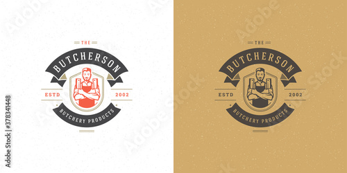 Butcher shop logo vector illustration chef holding knifes silhouette good for farmer or restaurant badge