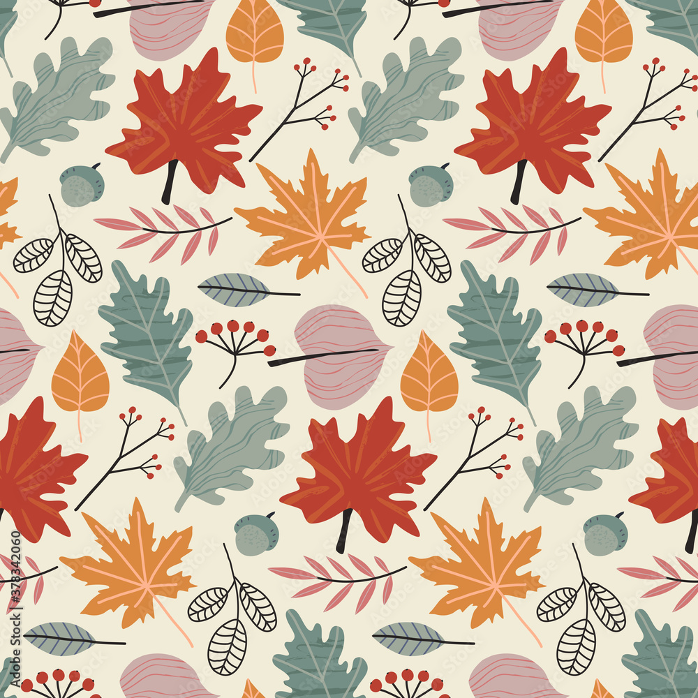 Vector colorful autumn natural seamless pattern with fall leaves and berries.