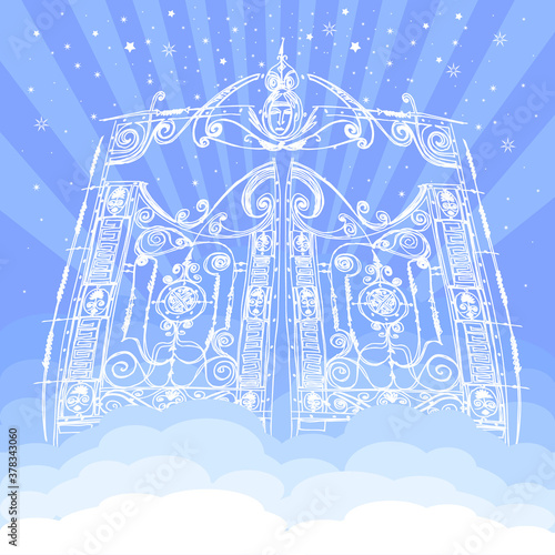 Vector heavenly gates in Eden. Gate to Paradise In clouds. entrance to the kingdom of heaven. Gods dwelling. meeting with God, symbol of Christianity.