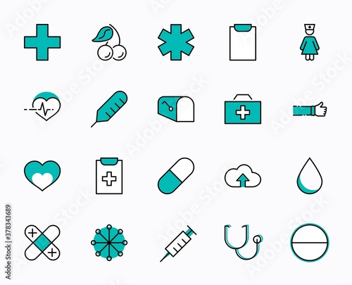 Set of Medicine vector line icons. It contains the first aid kit, nurse, syringe, thermometer, plastic, pills, heart, drop of blood, palpitation and much more. Editable Stroke. 32x32 pixels.