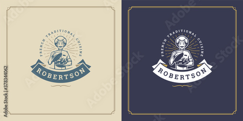 Restaurant label design vector illustration chef man holding dish silhouette good for restaurant menu and cafe badge