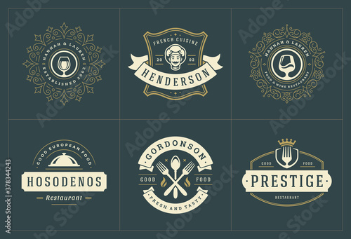 Restaurant logos templates set vector illustration good for menu labels and cafe badges