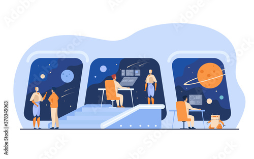 Futuristic space station interior with human and robotic crew. People and robots monitoring galaxy. For interstellar spaceship bridge, science fiction, intergalactic travel concept