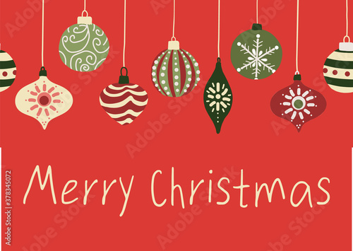 Merry Christmas greeting card template with ornaments. Holiday vector design with hanging Christmas baubles garland red white green. Fully editable