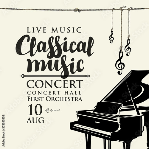 Poster for a live classical music concert. Vector flyer, invitation, ticket or advertising banner with a grand piano in retro style