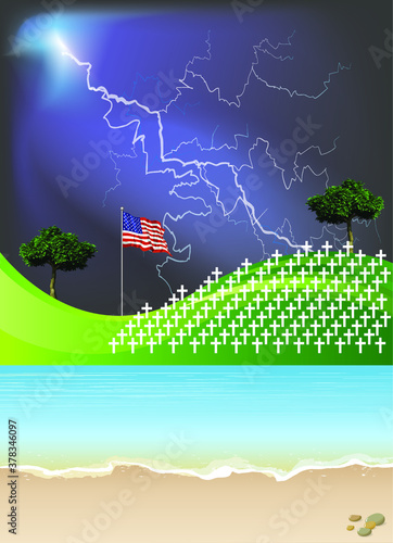 United States of America war grave headstones on a foreign shoreline set against a dramatic thunderstorm sky