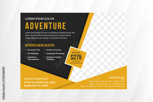 Adventure horizontal flyer design template with gold and black combination colors. Spaca for photo collage and text. abstract brochure isolated on white grey gradient pattern background