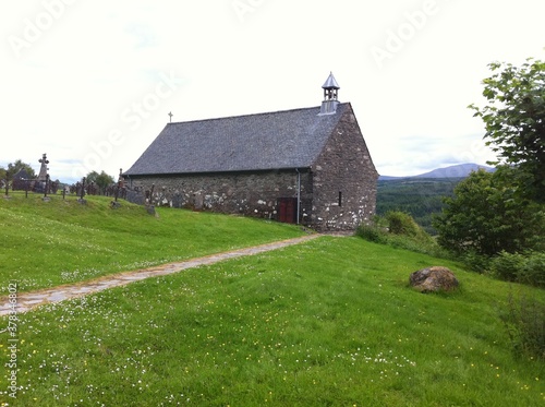 Scottish highlands landscape with church