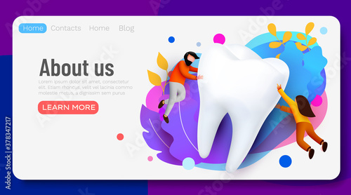 People flying around big tooth. Dental clinic. Teeth care. Web page, banner, presentation. Online survey with characters.