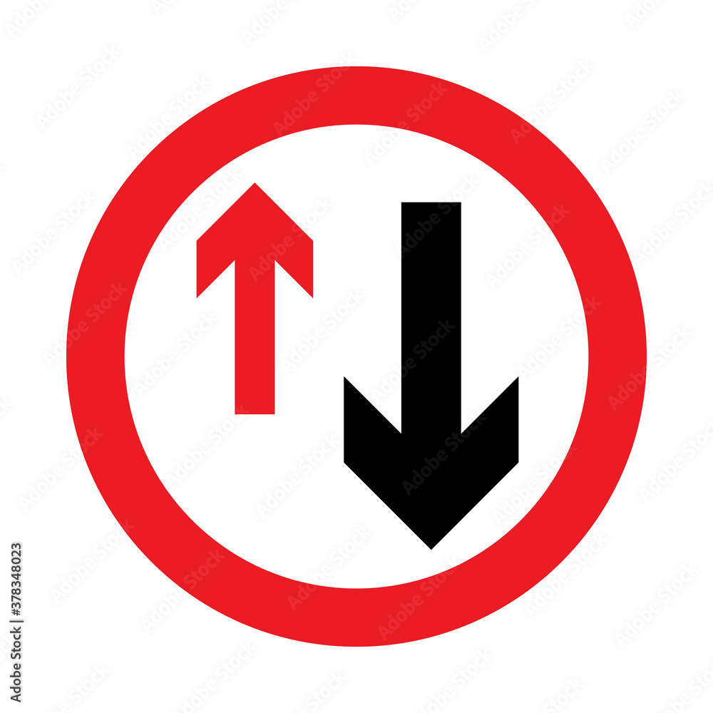 Give way to oncoming vehicles road sign. Priority must be given to vehicles from the opposite direction. Vector illustration of circular regulatory traffic sign with two arrows inside. Give way to oncoming vehicles road sign. Priority must be given to vehicles from the opposite direction. Vector illustration of circular regulatory traffic sign with two arrows inside.