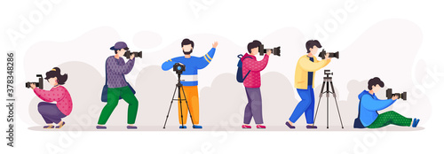 Paparazzi, photographers with high resolution camera isolated at white background. People in different poses taking photo, using professional equipment, shooting from tripod. Set of cartoon characters