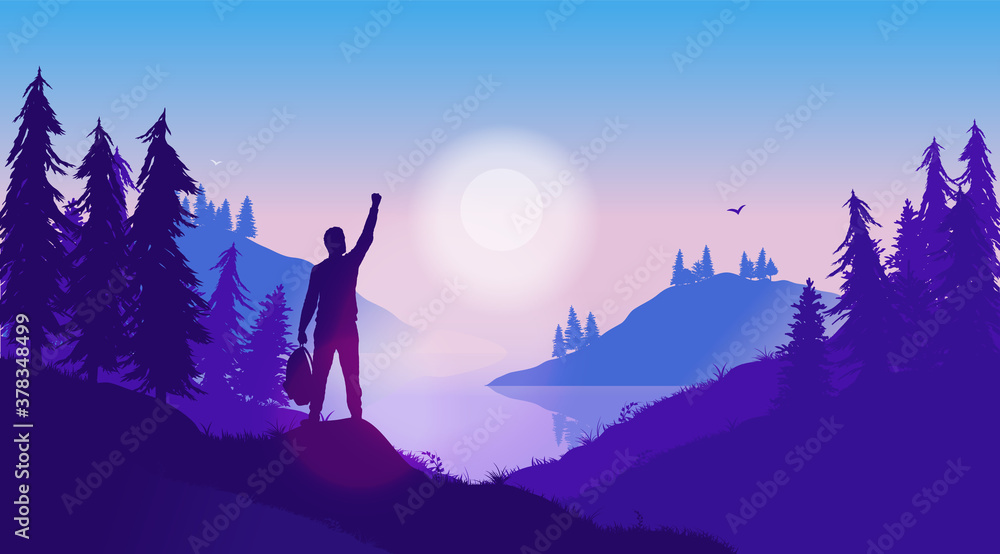 Fototapeta premium Personal success story - Silhouette of positive male person in wild landscape, raising hand in triumph. Nature therapy, live in the moment, and overcome adversity concept. Vector illustration.