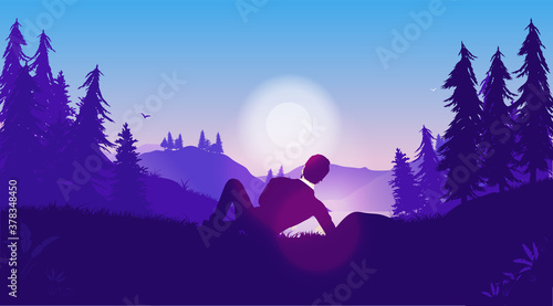 Businessman relaxing in nature - Male person lying down in grass in front of landscape. Taking a well deserved break from life, enjoying time off, and live in the now concept. Vector illustration.