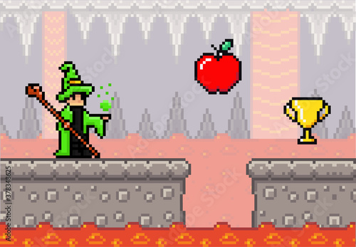 Pixel art game background with wizard and lava river. Pixwlated game scene with concrete plarforms, dungeon with flowing river of fire and magician. Pixel style subterranean landscape vector