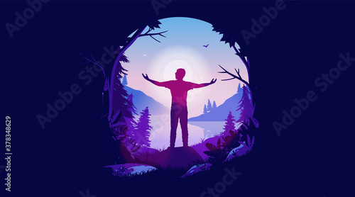 Hope - Positive illustration of man enjoying freedom and fresh air. Visiting nature, opening up opportunities, seeking a happy life and welcoming tomorrow. Oval frame and vector format.