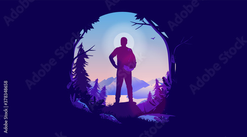 Seeking adventure - Male adventurer in landscape looking to explore and live live. Enjoy nature, hiking and wanderlust concept. Vector illustration.